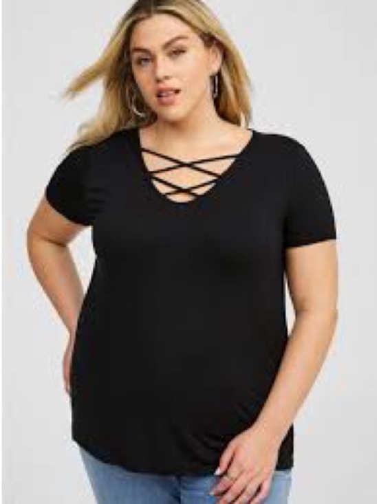 torrid Tops - Torrid Black Criss Cross Front Top Plus Size Short Sleeve Stretch Tee 2 (2x)